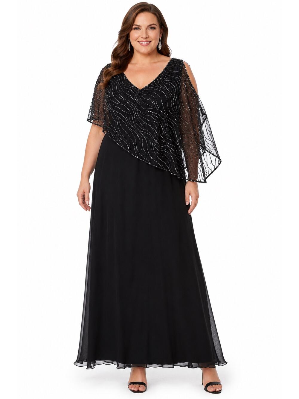 1990s J Kara Black Beaded Cape Overlay Evening Gown Size 18 NWT